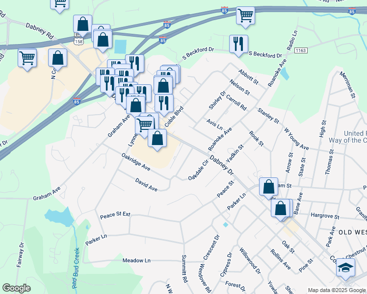 map of restaurants, bars, coffee shops, grocery stores, and more near 1115 Dabney Drive in Henderson