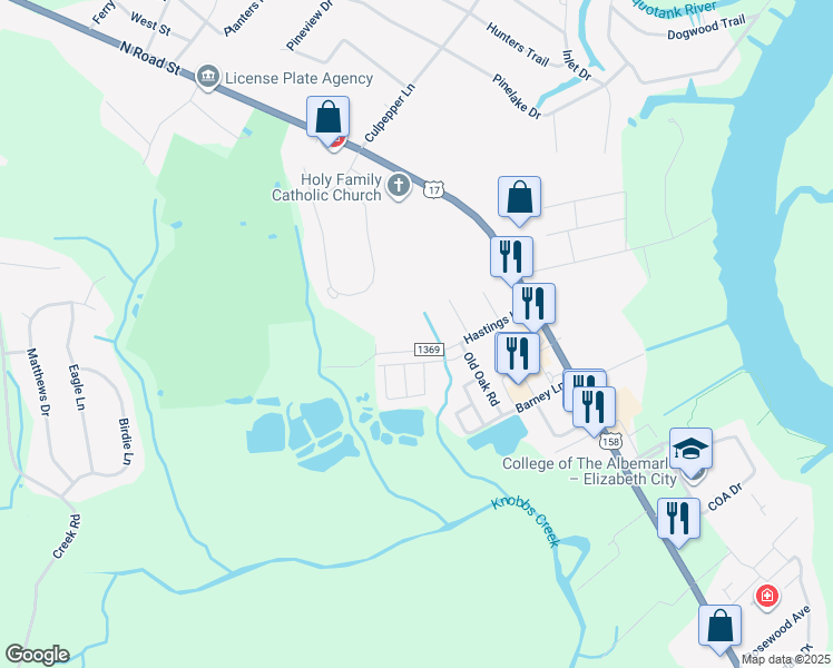 map of restaurants, bars, coffee shops, grocery stores, and more near 401 Hastings Lane in Elizabeth City
