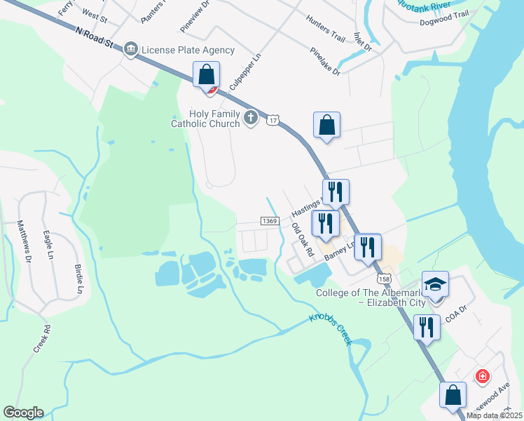 map of restaurants, bars, coffee shops, grocery stores, and more near 401 Hastings Lane in Elizabeth City