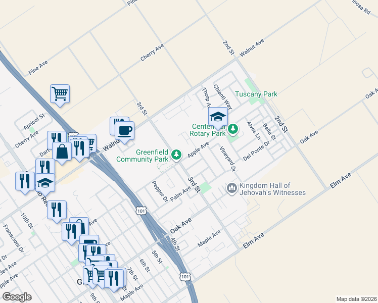 map of restaurants, bars, coffee shops, grocery stores, and more near 274 Apple Avenue in Greenfield