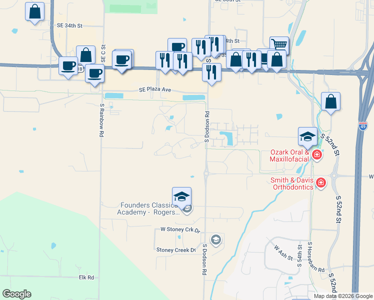 map of restaurants, bars, coffee shops, grocery stores, and more near 650 South Dodson Road in Rogers