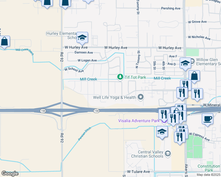 map of restaurants, bars, coffee shops, grocery stores, and more near 158 North Preston Street in Visalia
