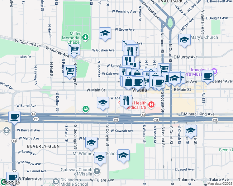 map of restaurants, bars, coffee shops, grocery stores, and more near 725 West Main Street in Visalia