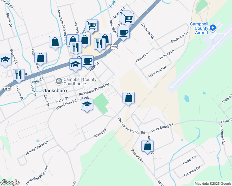 map of restaurants, bars, coffee shops, grocery stores, and more near 108 Stout Lane in Jacksboro