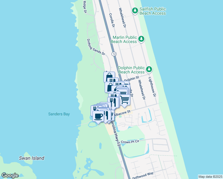 map of restaurants, bars, coffee shops, grocery stores, and more near 817M Caroline Court in Corolla