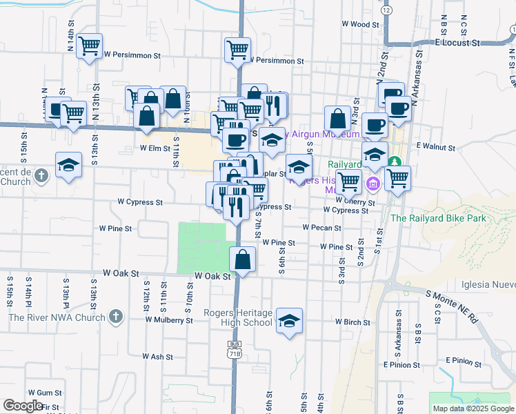 map of restaurants, bars, coffee shops, grocery stores, and more near 409 South 8th Street in Rogers