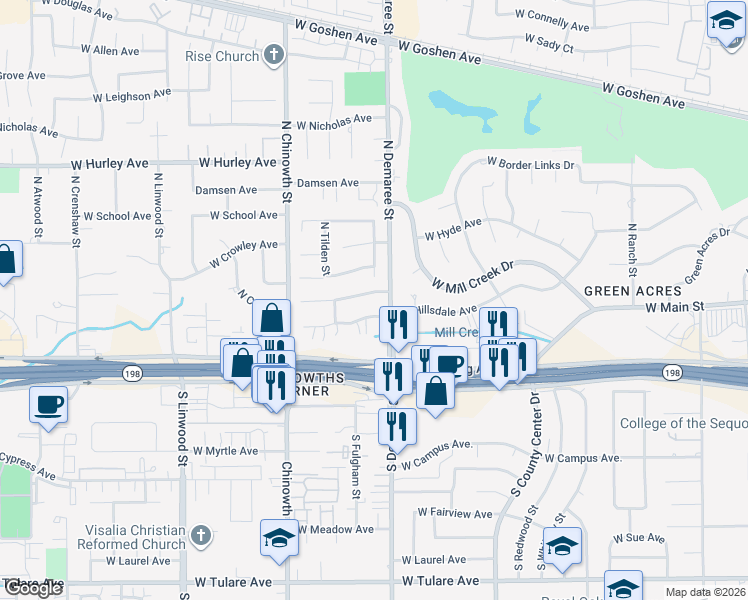 map of restaurants, bars, coffee shops, grocery stores, and more near 3735 West Woodside Avenue in Visalia