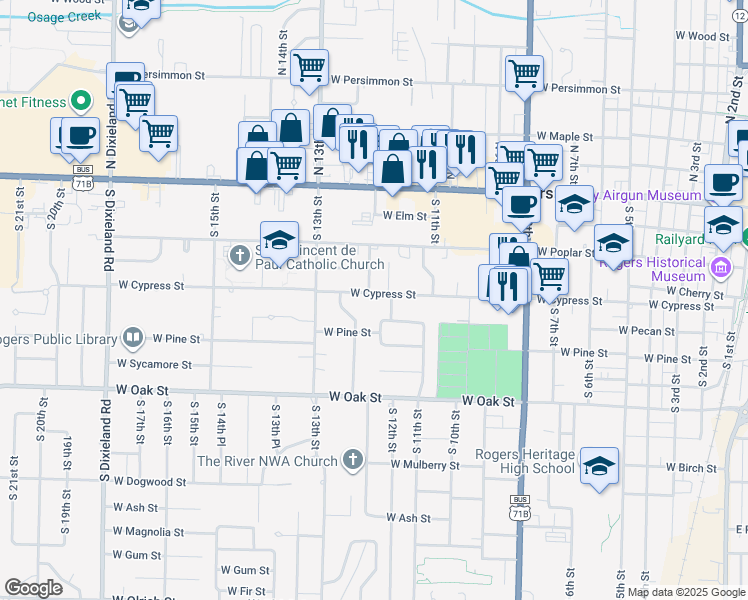 map of restaurants, bars, coffee shops, grocery stores, and more near 1122-1198 West Cypress Street in Rogers