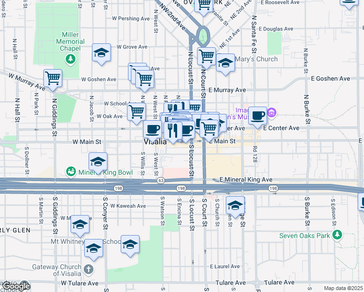 map of restaurants, bars, coffee shops, grocery stores, and more near 313 West Main Street in Visalia