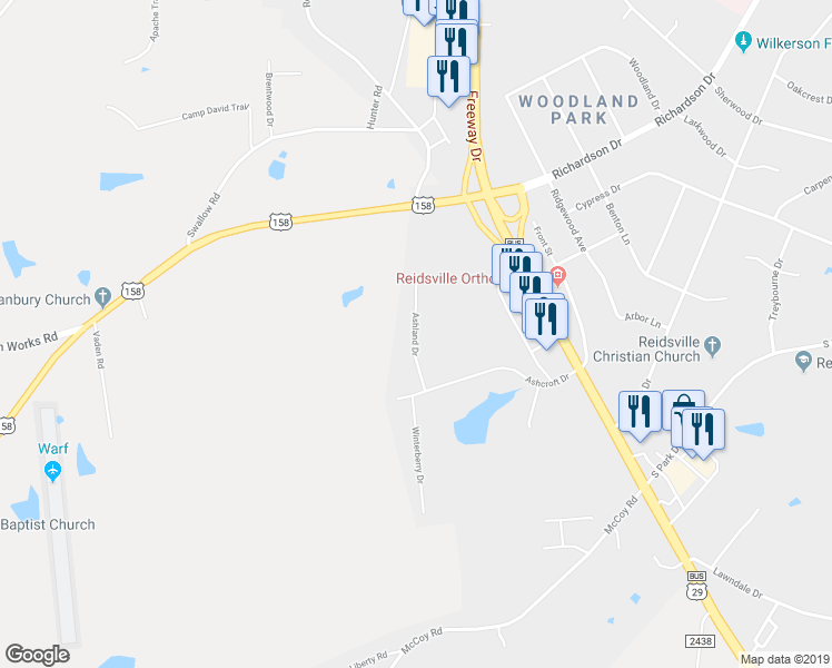 map of restaurants, bars, coffee shops, grocery stores, and more near 1407 Ashland Drive in Reidsville
