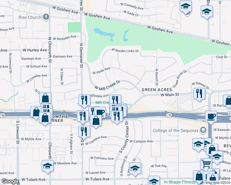 map of restaurants, bars, coffee shops, grocery stores, and more near 3225 West Hillsdale Avenue in Visalia