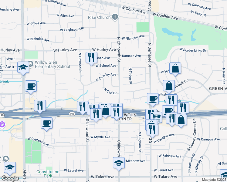 map of restaurants, bars, coffee shops, grocery stores, and more near 105 North Chinowth Street in Visalia