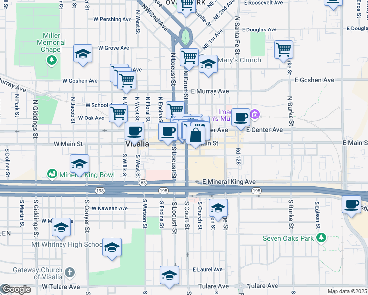 map of restaurants, bars, coffee shops, grocery stores, and more near 107 East Main Street in Visalia