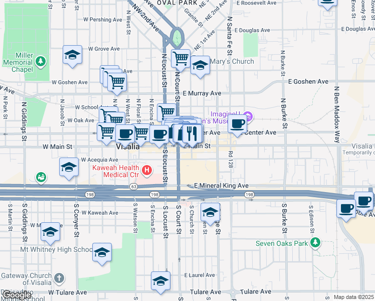 map of restaurants, bars, coffee shops, grocery stores, and more near 107 East Main Street in Visalia