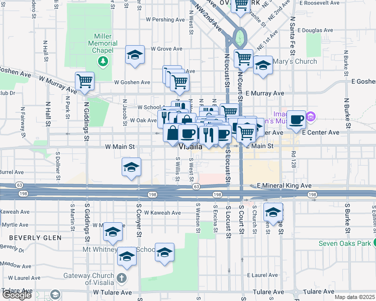 map of restaurants, bars, coffee shops, grocery stores, and more near 501 West Main Street in Visalia