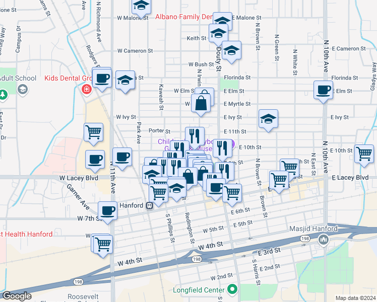 map of restaurants, bars, coffee shops, grocery stores, and more near 240 Center Street in Hanford