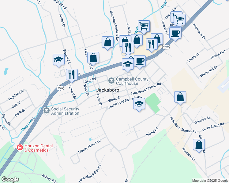 map of restaurants, bars, coffee shops, grocery stores, and more near 585 Main Street in Jacksboro