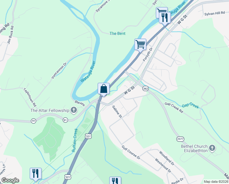 map of restaurants, bars, coffee shops, grocery stores, and more near 91 Off Highway in Elizabethton