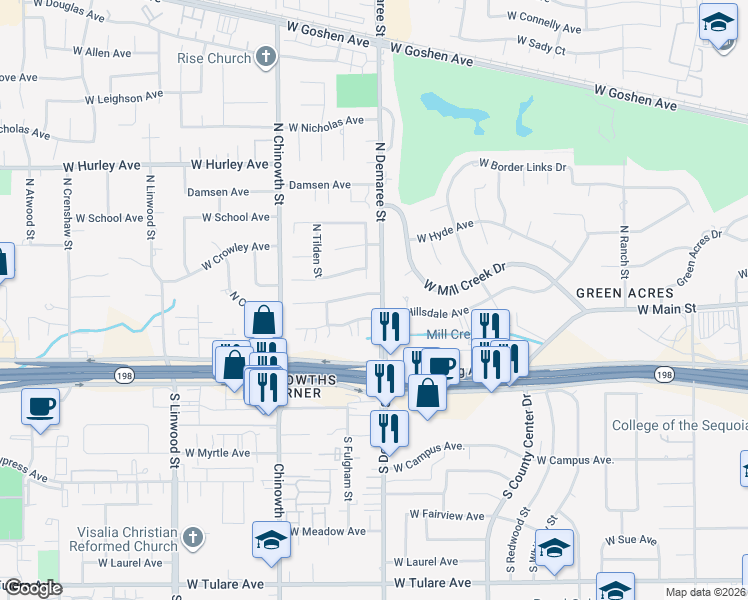 map of restaurants, bars, coffee shops, grocery stores, and more near 3717 West Woodside Avenue in Visalia