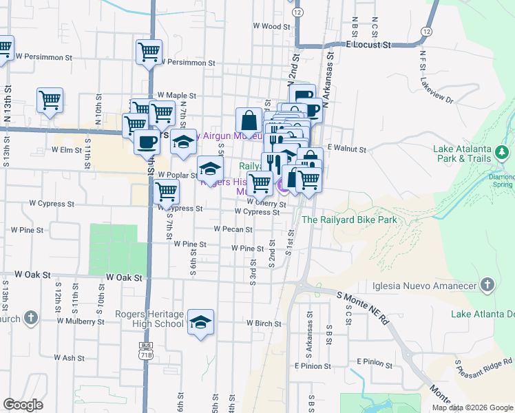 map of restaurants, bars, coffee shops, grocery stores, and more near 224 West Cherry Street in Rogers