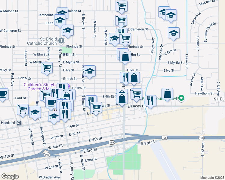 map of restaurants, bars, coffee shops, grocery stores, and more near 517 East 10th Street in Hanford