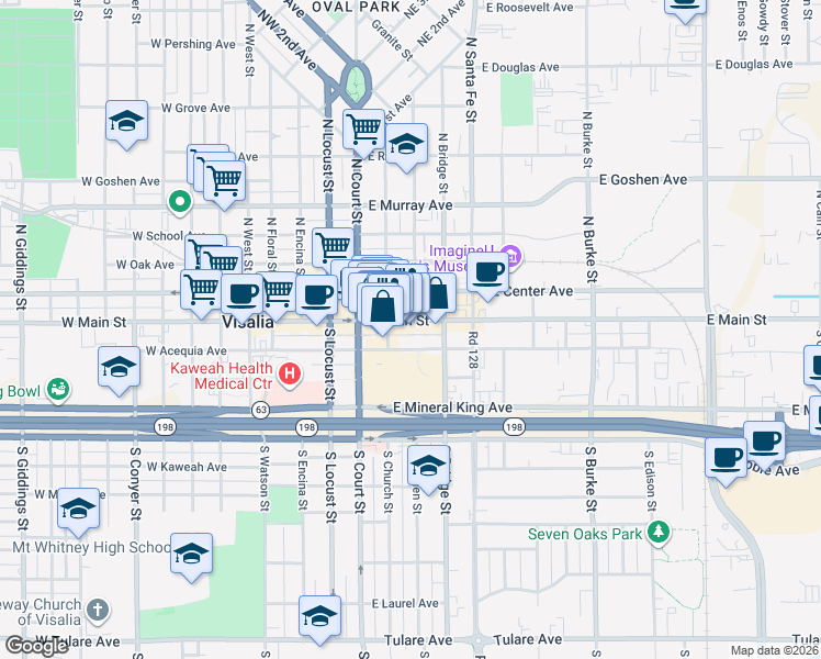 map of restaurants, bars, coffee shops, grocery stores, and more near in Visalia