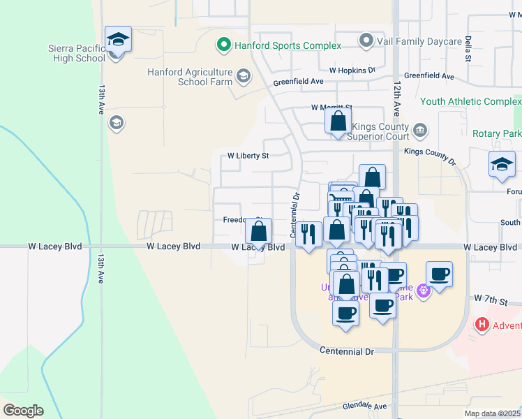 map of restaurants, bars, coffee shops, grocery stores, and more near 2095 Independence Place in Hanford