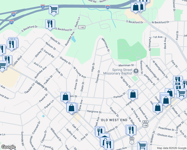 map of restaurants, bars, coffee shops, grocery stores, and more near 596 Thomas Street in Henderson
