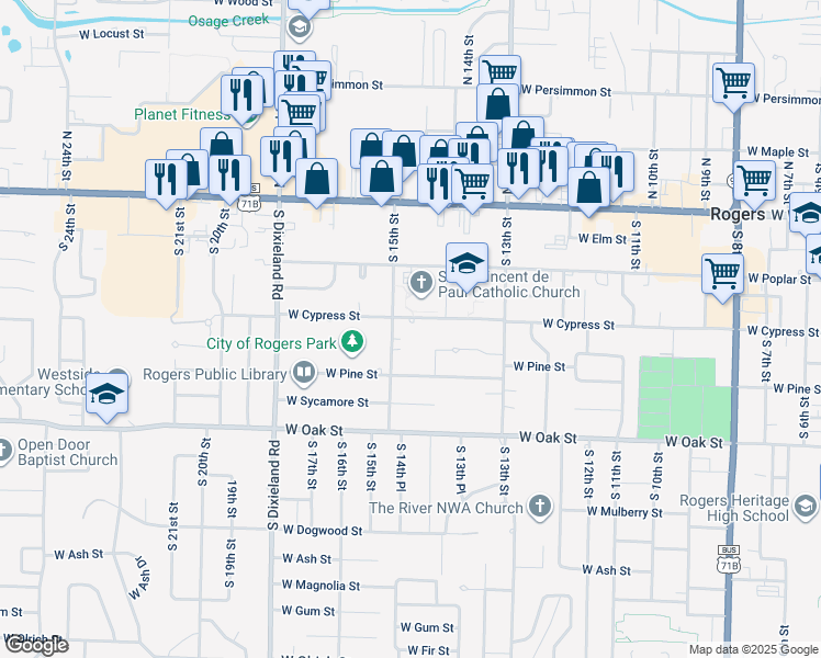 map of restaurants, bars, coffee shops, grocery stores, and more near 1414 West Cypress Street in Rogers