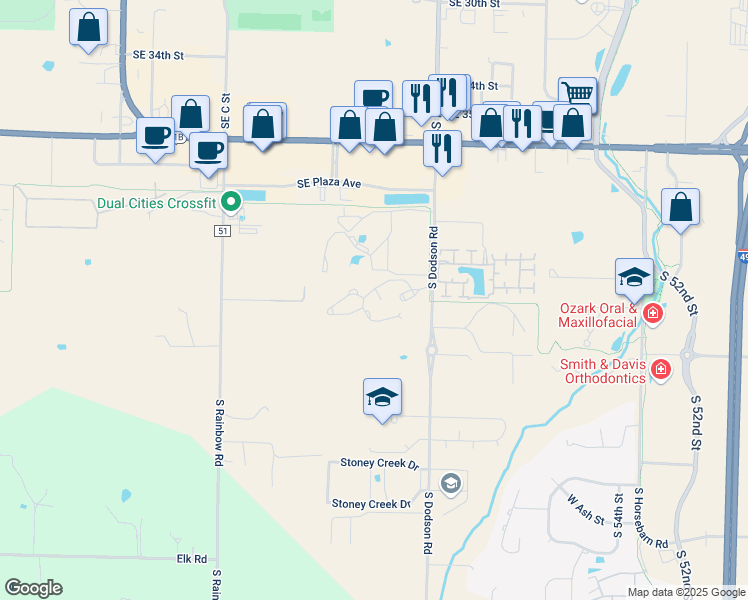 map of restaurants, bars, coffee shops, grocery stores, and more near 650 South Dodson Road in Rogers