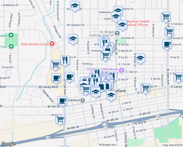 map of restaurants, bars, coffee shops, grocery stores, and more near 325 Center Street in Hanford