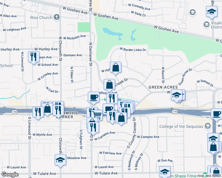 map of restaurants, bars, coffee shops, grocery stores, and more near 3425 West Mill Creek Drive in Visalia