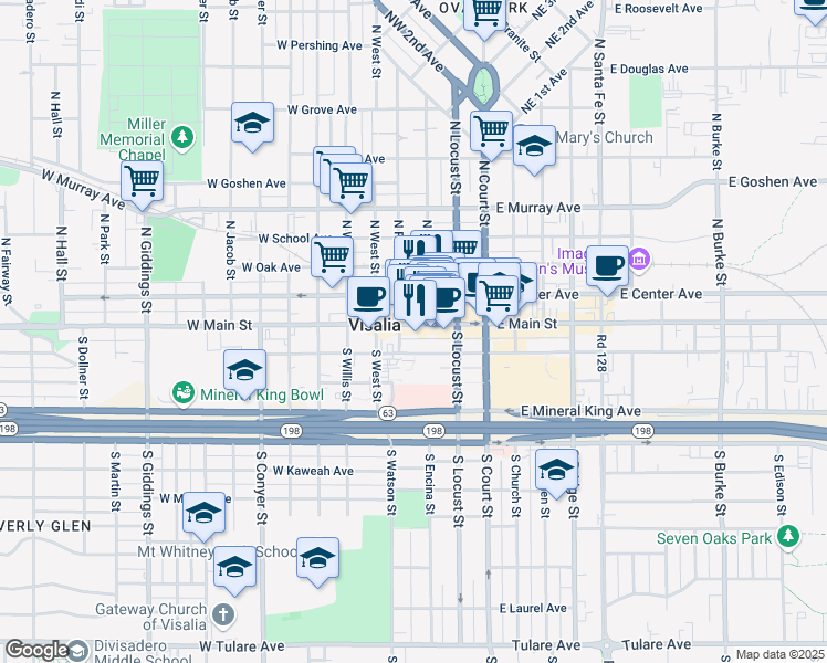 map of restaurants, bars, coffee shops, grocery stores, and more near 313 West Main Street in Visalia