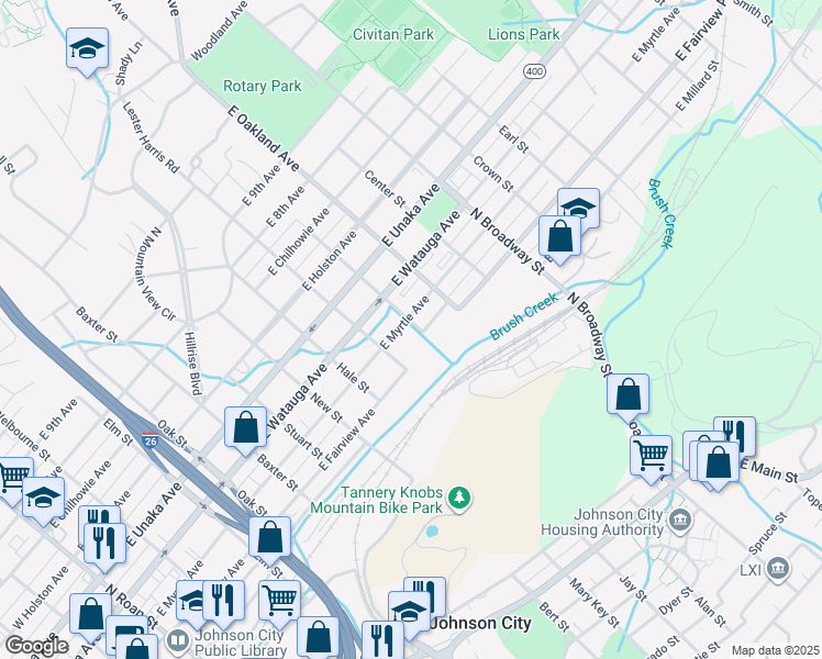 map of restaurants, bars, coffee shops, grocery stores, and more near 914 East Myrtle Avenue in Johnson City