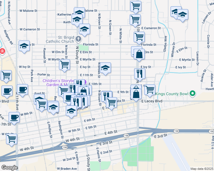 map of restaurants, bars, coffee shops, grocery stores, and more near 325 East 10th Street in Hanford