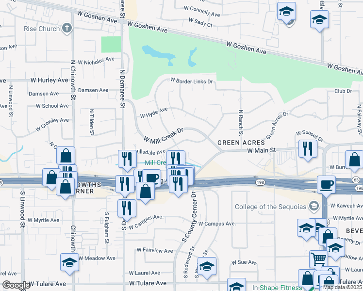 map of restaurants, bars, coffee shops, grocery stores, and more near 3225 West Hillsdale Avenue in Visalia