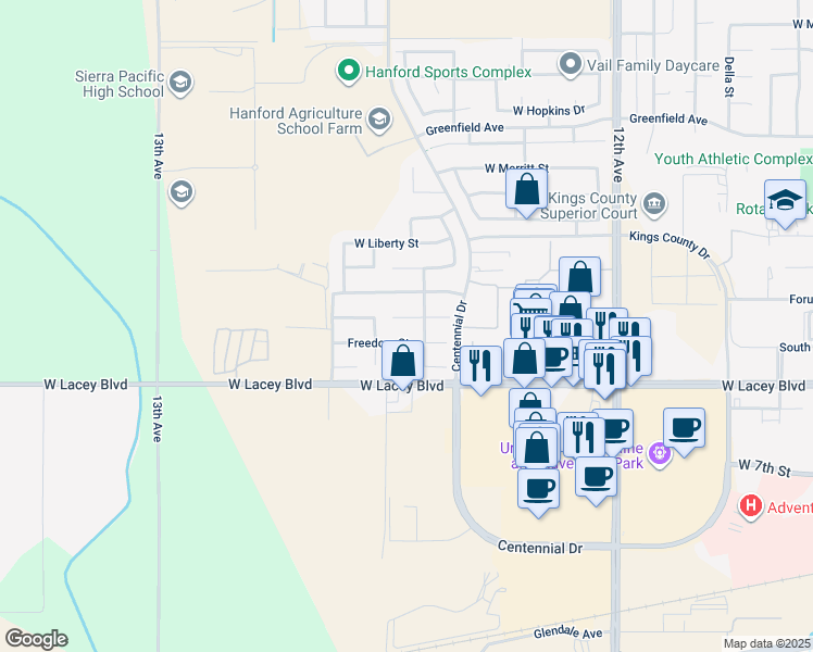 map of restaurants, bars, coffee shops, grocery stores, and more near 2095 Independence Place in Hanford