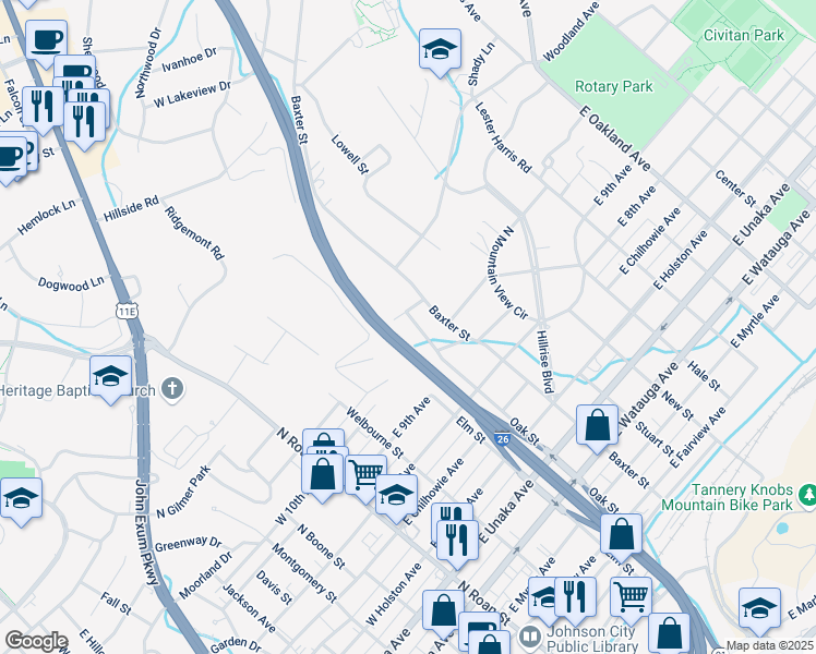 map of restaurants, bars, coffee shops, grocery stores, and more near 1011 Oak Street in Johnson City
