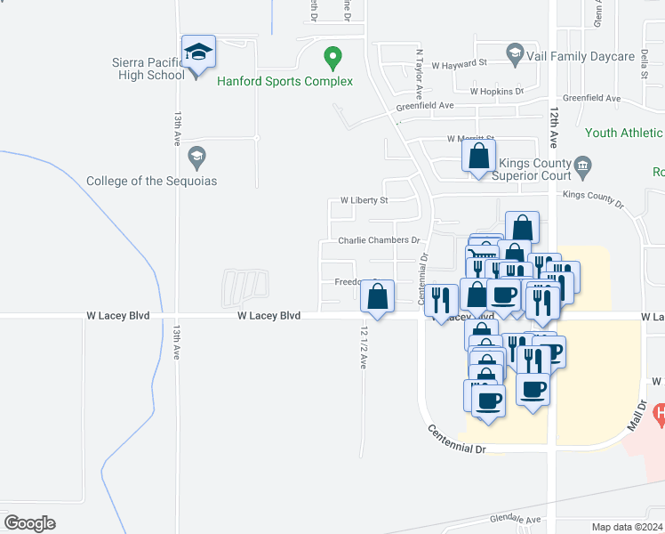 map of restaurants, bars, coffee shops, grocery stores, and more near 2275 Independence Place in Hanford