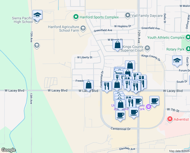 map of restaurants, bars, coffee shops, grocery stores, and more near 2095 Independence Place in Hanford