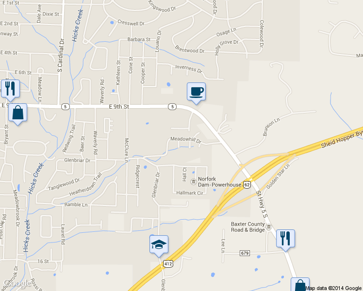 map of restaurants, bars, coffee shops, grocery stores, and more near 1548 Meadowhill Drive in Mountain Home