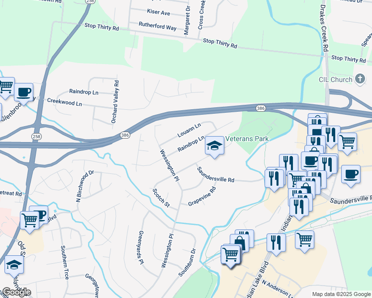 map of restaurants, bars, coffee shops, grocery stores, and more near 110 Raindrop Lane in Hendersonville