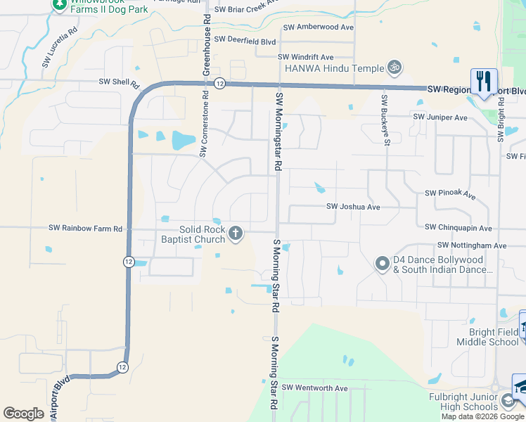 map of restaurants, bars, coffee shops, grocery stores, and more near 4401 Southwest Eggersway Place in Bentonville