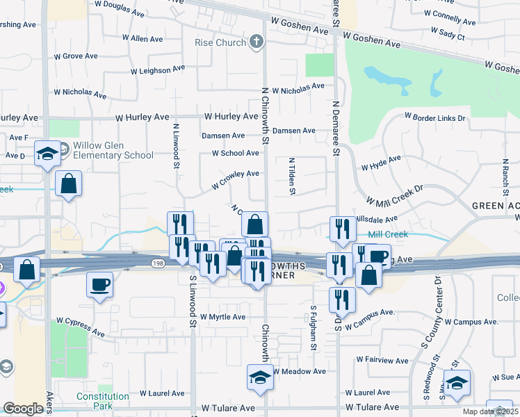 map of restaurants, bars, coffee shops, grocery stores, and more near 105 North Chinowth Street in Visalia