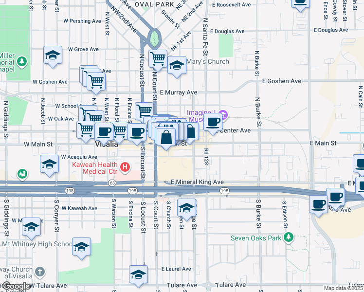 map of restaurants, bars, coffee shops, grocery stores, and more near in Visalia