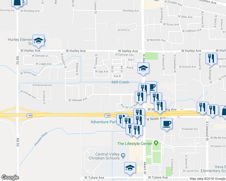 map of restaurants, bars, coffee shops, grocery stores, and more near 5603 West Hillsdale Avenue in Visalia