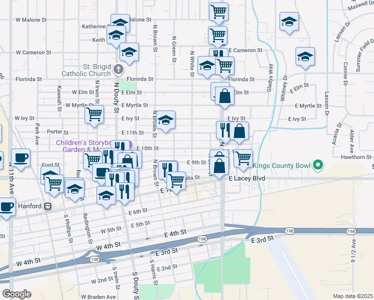 map of restaurants, bars, coffee shops, grocery stores, and more near in Hanford
