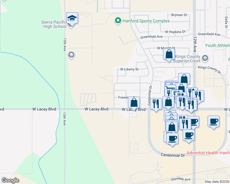 map of restaurants, bars, coffee shops, grocery stores, and more near 2275 Independence Place in Hanford