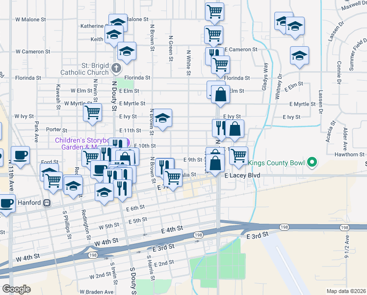 map of restaurants, bars, coffee shops, grocery stores, and more near in Hanford
