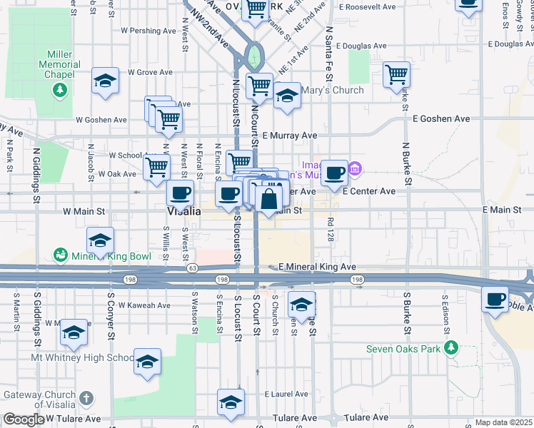 map of restaurants, bars, coffee shops, grocery stores, and more near 107 East Main Street in Visalia